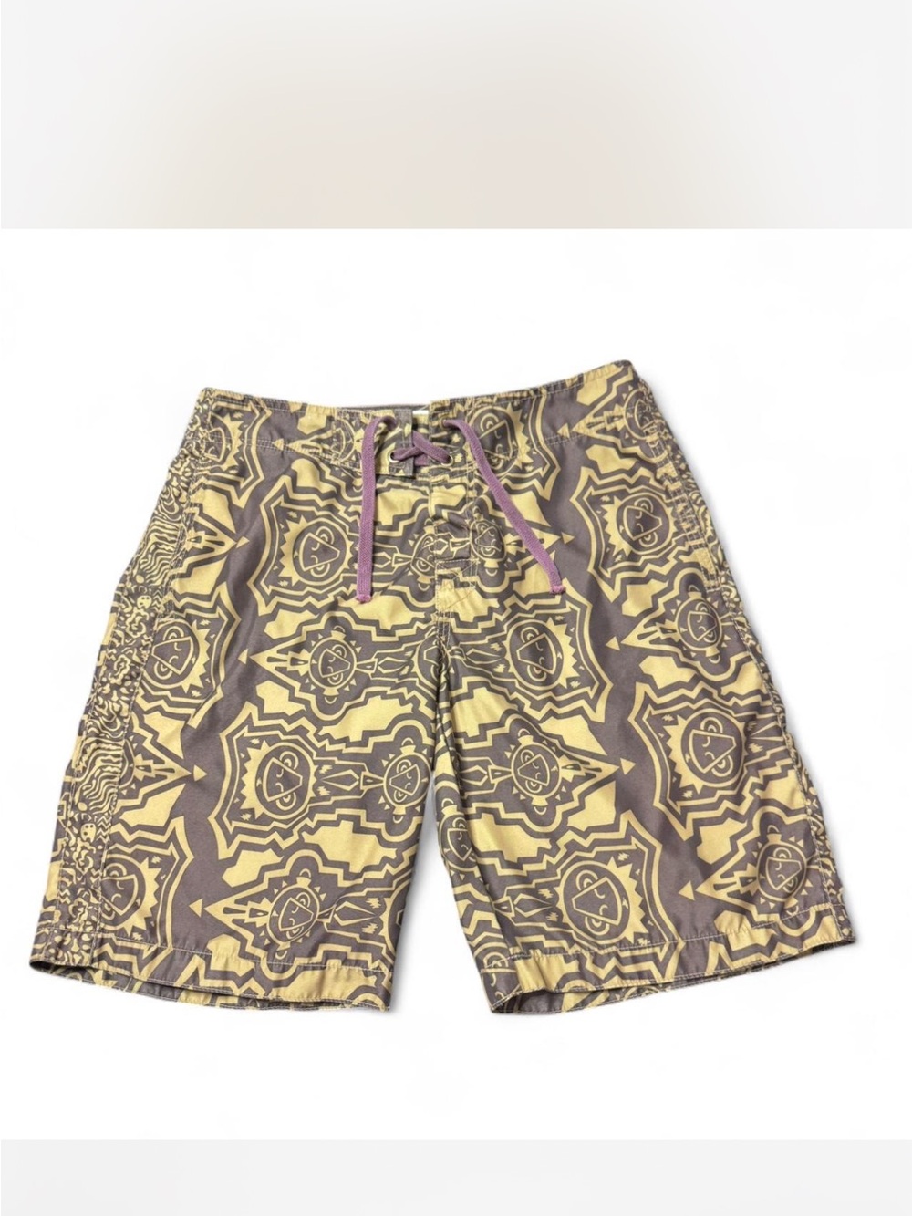 2000s Men's Yellow & Brown Patterned Swim Shorts